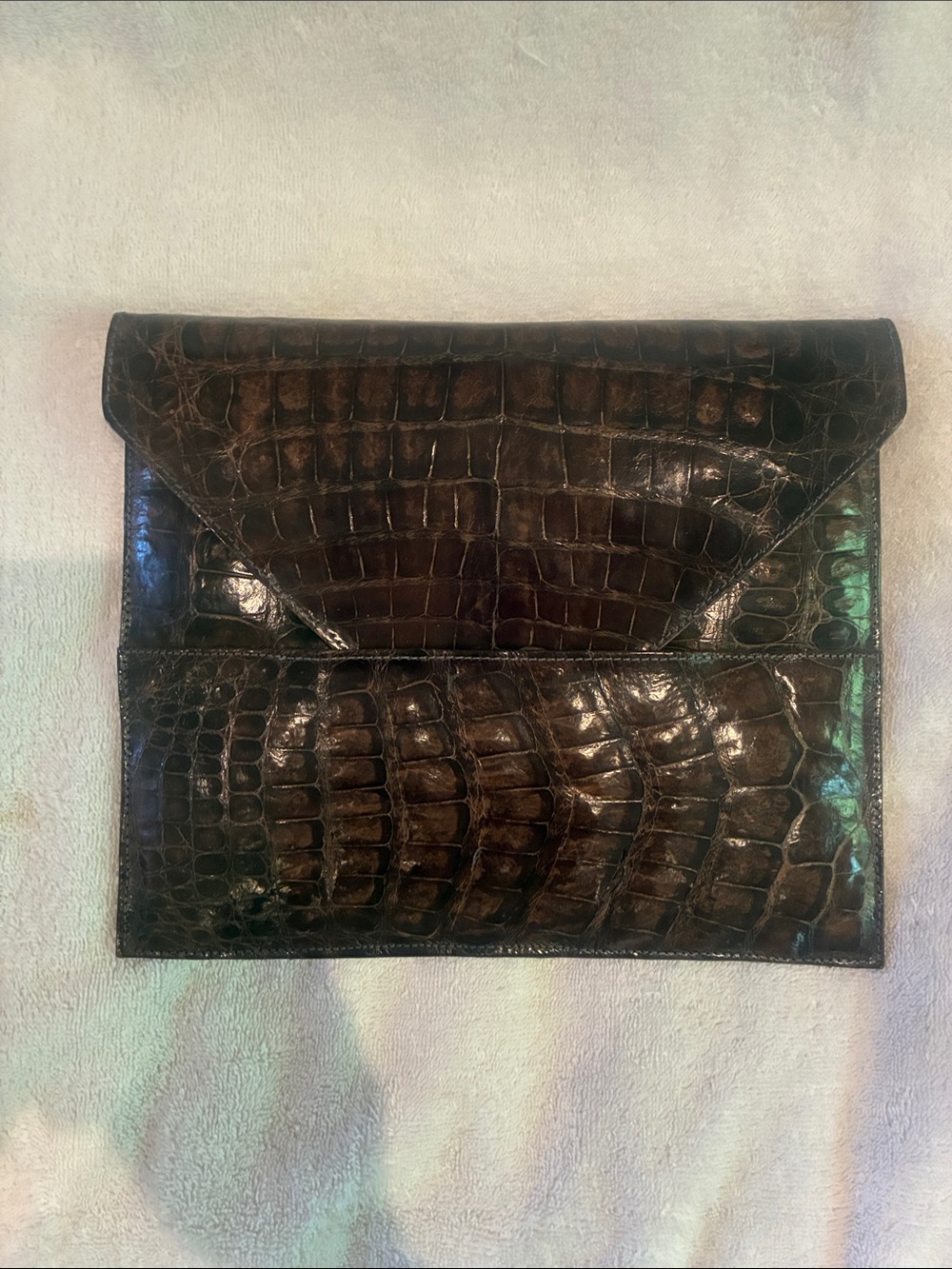 Brown Crocodile-Embossed Envelope Clutch